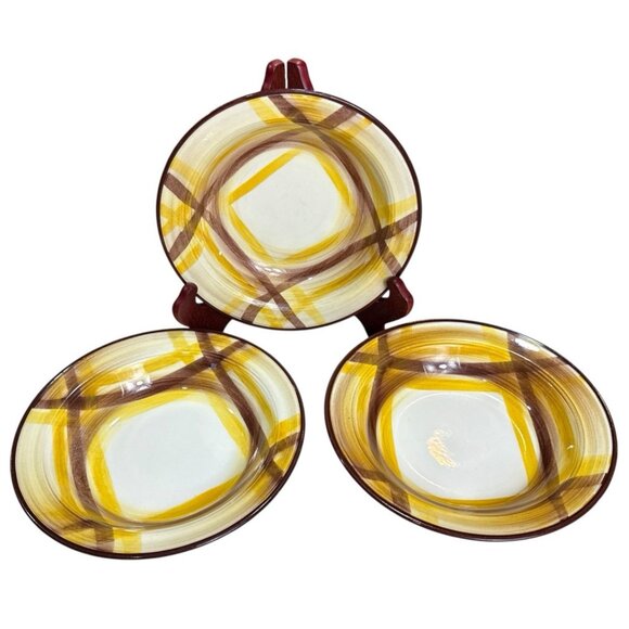 3 Vtg Vernonware Homespun Hand Painted Yellow Brown Plaid Fruit Serving Bowl 8" - Picture 1 of 12